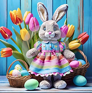 A charming bunny holding a basket with the Easter eggs near the fresh multicolour tulips