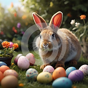 A charming bunny with large, attentive ears sits amidst colorful . Ai-Generated Images