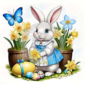 A charming bunny is posing near the Easter eggs and fresh daffodils