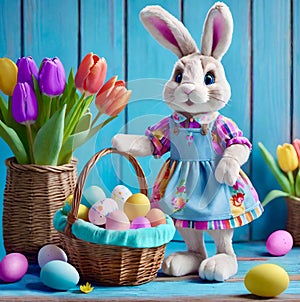 A charming bunny is posing near the Easter eggs near the fresh multicolour tulips