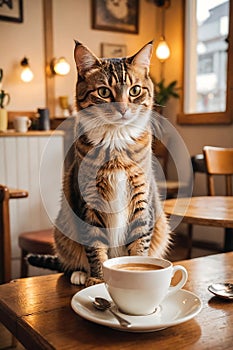 A charming cafe scene featuring a tabby cat sitting regally next to a cup of coffee on a wooden table photo