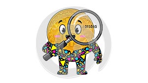 Cute Bitcoin Character with Magnifying Glass Examining Binary Code