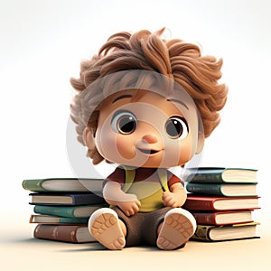 Charming Cartoon Boy Surrounded By Books - Vray Tracing Illustration