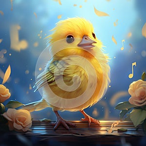 A charming cartoon canary with bright yellow feathers, chirping happily. The canary is surrounded by a variety of