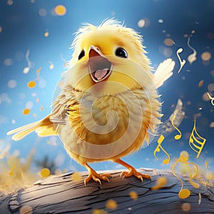 A charming cartoon canary with bright yellow feathers, chirping happily. The canary is surrounded by a variety of