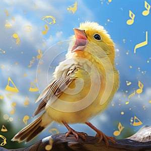 A charming cartoon canary with bright yellow feathers, chirping happily. The canary is surrounded by a variety of