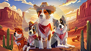 Charming Cartoon Canines Enjoying a Sunset in Wild West Adventure photo