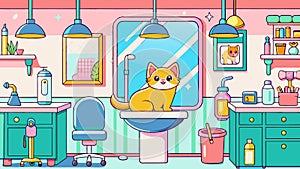 Charming Cartoon Cat Enjoying a Modern Bathroom Interior
