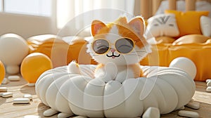 A charming cartoon cat with sunglasses lounging on a white cushion