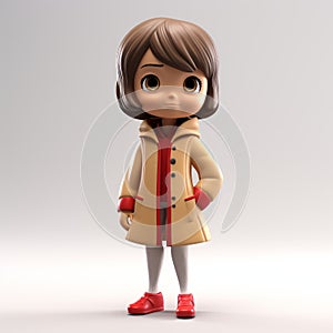 Charming Cartoon Child Model In Beige Coat With Red Shoes