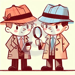 Charming cartoon detectives in trench coats and fedora hats, one with a notebook and the other with photo