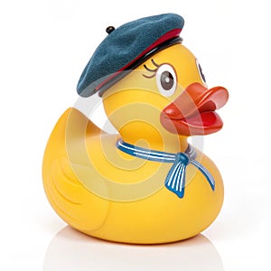 Charming Cartoon Duck in a Beret isolated on white background photo