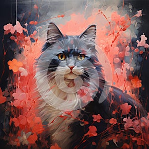 Charming Cat In Bloom: Dark Gray And Light Crimson Artistic Painting