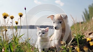 charming cat and dog sit on field beach at sea , puppy sit play on sunset in sea water on beach wild fieldandspaniel