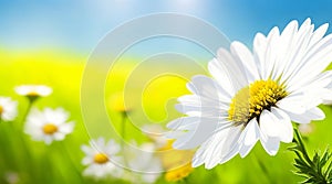 Charming Chamomile Wildflowers in Sunny Meadow: Picturesque Spring Nature Scene.