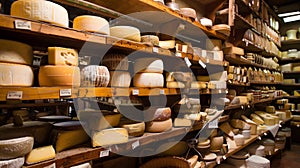 a cheese shop with shelves lined with wheels photo