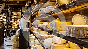 a cheese shop with shelves lined with wheels photo