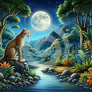A charming cheetah sitting on a rock, by water side of a river, moonlit night, wildplants, jungle, painting art of William Harris photo