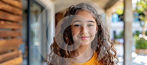 Charming child with curly hair beaming a radiant smile while gazing directly at the camera