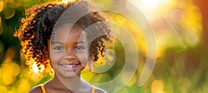 Charming child with curly hair joyfully smiling, making eye contact with the camera