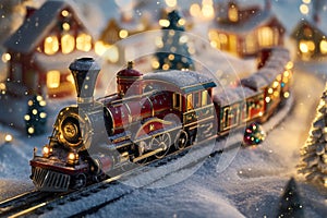 A charming Christmas train travels through a snowy Santa village surrounded by cozy holiday decorations and twinkling photo