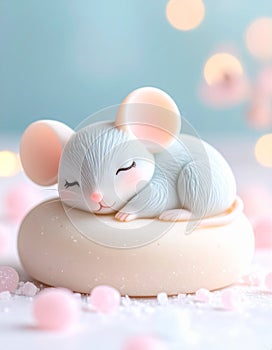 Sleeping Mouse Figurine on Pastel Background