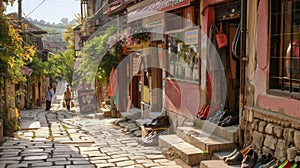 Quaint old town street with cobblestone path and storefronts photo