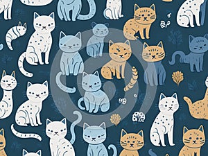 Charming collection of cute cat vectors adds a touch of whimsy and playfulness to the deep, dark green background, creating a
