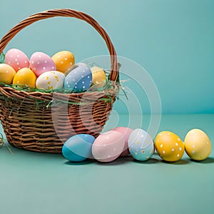A Charming Collection of Hand-Painted Easter Eggs Nestled in a Rustic Basket Amidst a Gentle Green Setting
