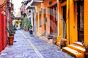 Charming colorful streets of old town in Rethymno, Crete island, Greece