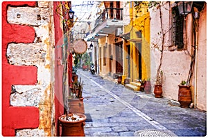 Charming colorful streets of old town in Rethymno, Crete island, Greece