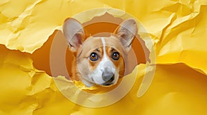 A charming Corgi joyfully peeks through a yellow paper wall, adding a touch of playfulness and warmth to the scene