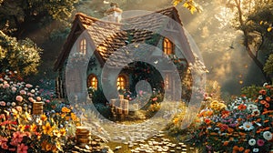 Charming cottage in enchanted garden - generative ai photo
