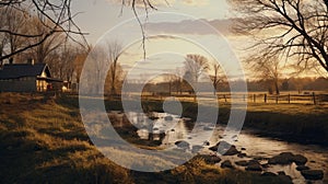 Charming Countryside Sunset: Anamorphic Lens Flare And Rustic Americana