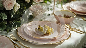 Charming countryside tablescapes adorned with fresh orchard fruits, fine china, and florals, arranged for al fresco photo
