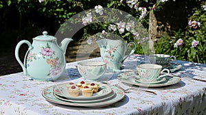 Charming countryside tablescapes adorned with fresh orchard fruits, fine china, and florals, arranged for al fresco photo