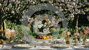 Charming countryside tablescapes adorned with fresh orchard fruits, fine china, and florals, arranged for al fresco photo