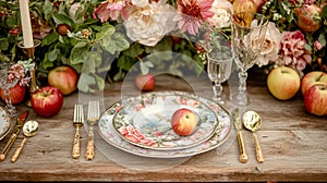 Charming countryside tablescapes adorned with fresh orchard fruits, fine china, and florals, arranged for al fresco photo