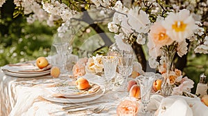 Charming countryside tablescapes adorned with fresh orchard fruits, fine china, and florals, arranged for al fresco photo