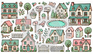 Charming countryside-themed sticker collection featuring cozy cottages, blooming gardens, birdhouses, and vibrant greenery, ideal photo