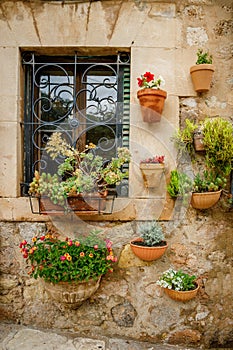 Charming and cozy wall with flower pots on a traditional house in Valldemossa, Mallorca