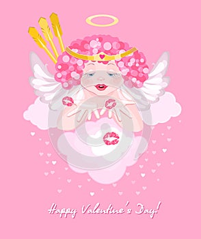 Charming cupid sends kisses. Beautiful greeting card