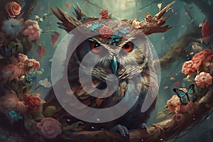A charming and curious owl with wide eyes peering through the trees. AI Generated