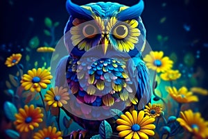 A charming and curious owl with wide eyes peering through the trees. AI Generated