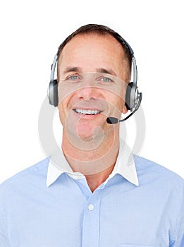 Charming Customer service agent talking on headset