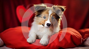Charming cute fluffy ginger sheltie puppy is lying on the bed and resting. Red Valentines Day greeting card with a dog.