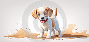 A charming and cute little dog is playing on a white background