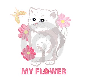 A charming cute white kitty with big eyes stands in pink flowers and butterflies