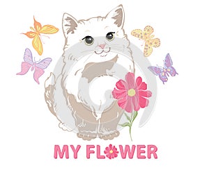 A charming cute white kitty with big eyes stands in pink flowers and butterflies