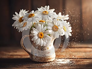 Charming daisies in a rustic ceramic pitcher on a wooden surface